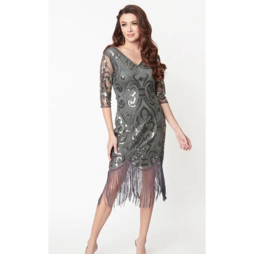 Unique Vintage 1920’s Dark Gray and Silver Lynette Cocktail Flapper Dress M NWOT